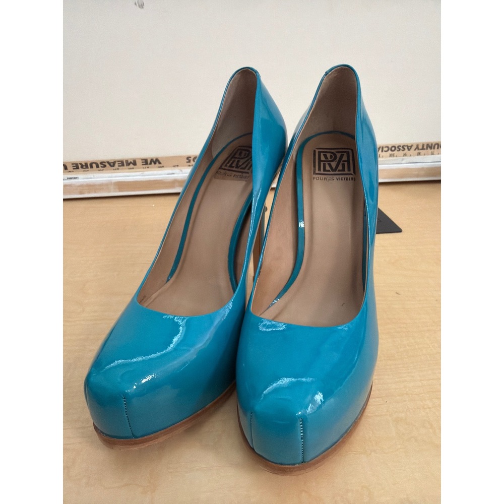 Pour La Victoire Turquoise Blue Patent Leather Platform Pumps Stiletto Heels